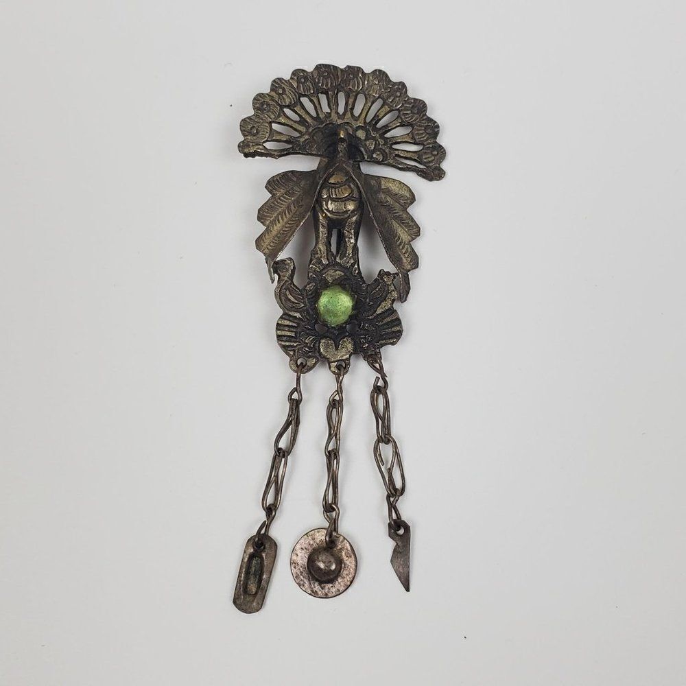 Vintage Antique Peruvian Peacock Tupo Tupu Shawl Brooch Pin Green Glass Cabochon